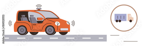 Self-driving car with sensors on road, truck inside magnifying circle. Ideal for AI, technology, innovation, transportation, automation, smart city road safety. Simple flat metaphor