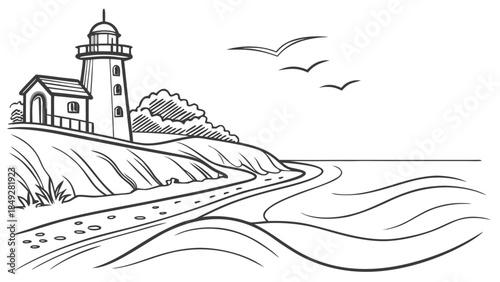 Serene Coastal Scene with Lighthouse and Seagulls.