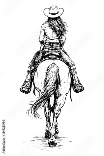 Cowgirl riding a horse backview sketch vector illustration
