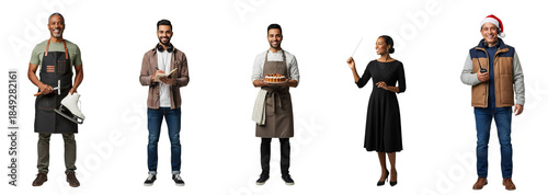 Diverse group of smiling professionals: a multiracial skate sharpener, Middle Eastern jingle writer, holiday baker, Black choir director, and Hispanic parade organizer,