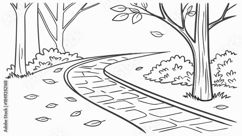 Winding park path with falling autumn leaves, black and white line art illustration for coloring book