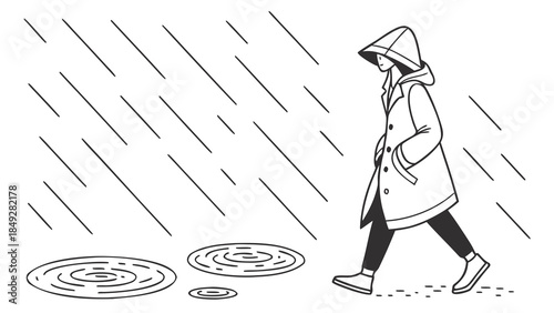 Minimalist line art of person in hooded raincoat walking in heavy rain with puddles. Bad weather concept illustration.