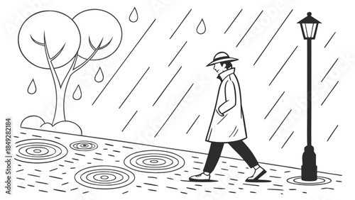 Monochrome line art of a person in a hat and trench coat walking through heavy rain on a street with puddles and a lamp.