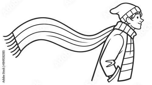 Person in winter hat and scarf with wind blowing, line art illustration