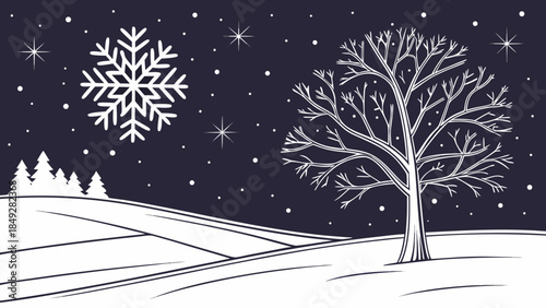 Winter landscape with snowflake and bare tree under starry night sky.