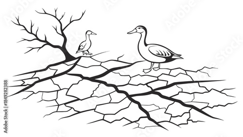 Two geese standing on dry cracked earth with a bare tree branch.