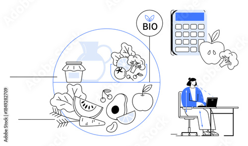 Organic food concept. Fresh fruits, vegetables, and organic products promoting a balanced diet and healthy lifestyle. Organic theme with calculation and professional focus. For nutrition, wellness