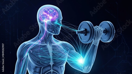 Digital representation of human body lifting a dumbbell, symbolizing the connection between mind, brain activity, and physical strength training and exercise