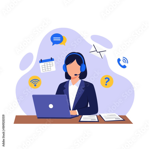 Woman wearing headset working on laptop.