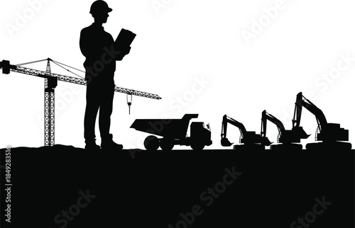 Construction Engineer Silhouette Inspecting Heavy Machinery at Building Site with Crane, Excavators, Industrial Equipment and Project Planning Concept Background Illustration Vector Design