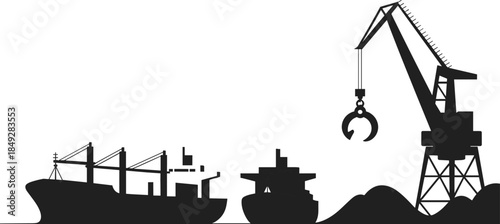 Industrial harbor silhouette with port crane loading cargo ships, maritime logistics and shipping industry concept, vector illustration isolated on white background