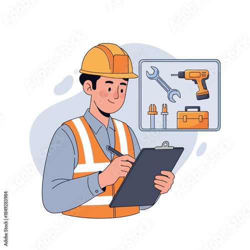 Construction Worker Holding Clipboard with Tools.
