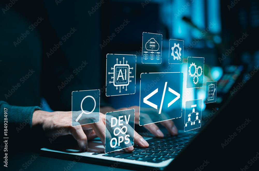 Tableau sur toile DevOps and AI integration in software development process concept