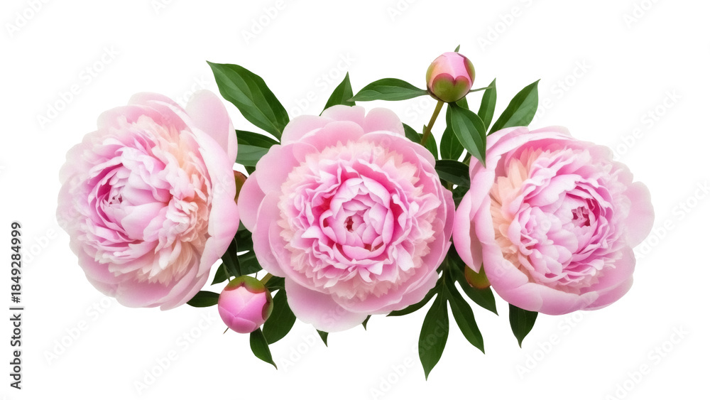 Naklejka premium Three pink peony flowers isolated PNG on transparent background, floral arrangement for wedding invitations and greeting cards