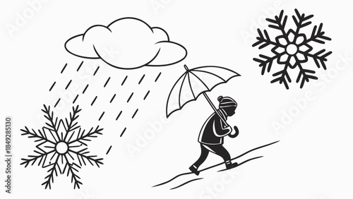 Man walking in the snow with an umbrella.