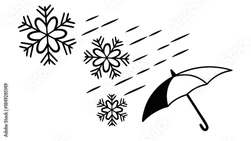 Black and white illustration of snowflakes falling from the sky with an umbrella.