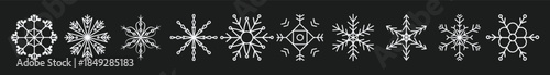 Set of White Snowflake Vector Icons, Ornate Geometric Winter Christmas Line Art Shapes and Minimalist Decorative Snow Crystal Illustrations for Holiday Design Projects.