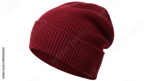 Fotografija Burgundy knit beanie hat isolated PNG, warm winter headwear for cold weather fas
