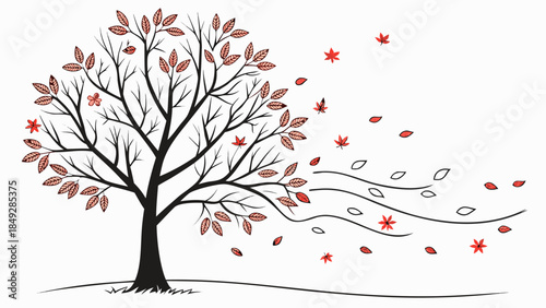 Autumn tree with falling red leaves on a windy day.