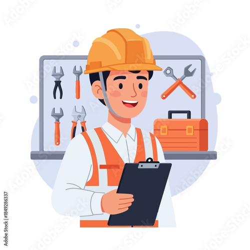 Construction Worker Holding Clipboard with Tools.