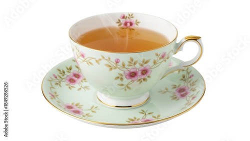 Bild auf Leinwand Elegant teacup with tea isolated PNG on transparent background, vintage floral c