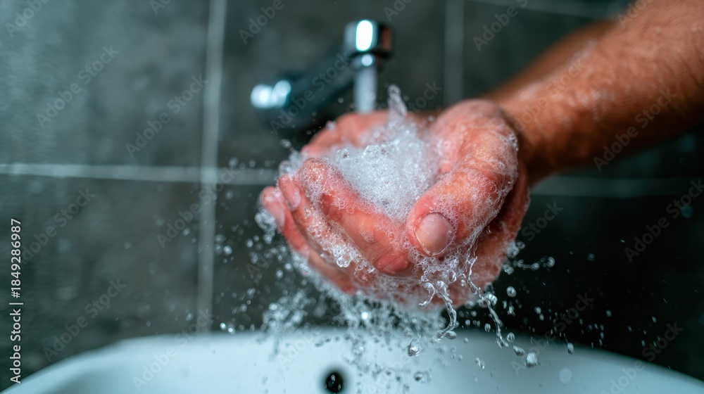 Fototapeta premium A close-up of a man washing hands with soap, droplets of water splashing as a representation of hygiene and cleanliness, emphasizing personal care and health.