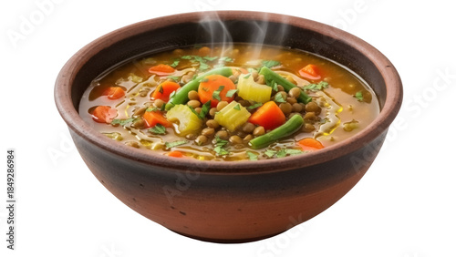 Hearty lentil soup in a rustic bowl isolated PNG, delicious and nutritious vegetarian meal with carrots, celery, and green beans on transparent background