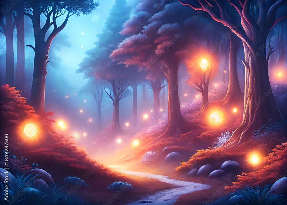 Obraz premium Magical forest pathway illuminated by glowing orbs at twilight 