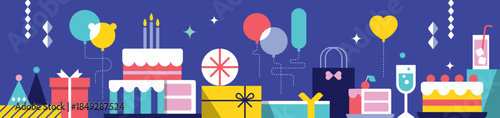 Happy Birthday banner, greeting card, invitation card, poster, cover, vector illustration with birthday cakes, drinks, presents, party hat, balloons and decorations in modern geometric style.

