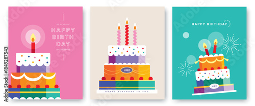 Set of Happy Birthday greeting card, invitation card, poster, cover, vector illustration with colorful multi-tier birthday cake.

