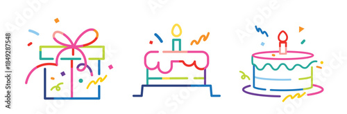 Set of birthday cake, gift box and confetti in colorful minimalist lines.

