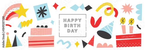 Happy Birthday banner, greeting card, invitation card, poster, cover, vector illustration with birthday cake, birthday hat, confetti and abstract elements.

