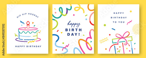 Set of Happy Birthday greeting card, invitation card, poster, cover, vector illustration with birthday cake, confetti in colorful minimalist lines.

