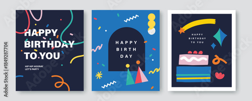 Happy Birthday banner, greeting card, invitation card, poster, cover, vector illustration with birthday cake, birthday hat, confetti and abstract elements.

