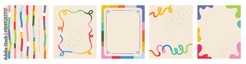 Set of vintage frames template with doodle lines, ribbon and pattern background. Trendy vector template for greeting card, invitation, cover, poster, social media.

