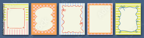 Set of vintage frames template with doodle lines, ribbon and pattern background. Trendy vector template for greeting card, invitation, cover, poster, social media.

