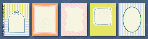 Set of vintage frames template with doodle lines, ribbon and pattern background. Trendy vector template for greeting card, invitation, cover, poster, social media.

