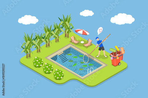 3D Isometric Flat Vector Illustration of Pool Cleaning, Proper Care For Your Pool