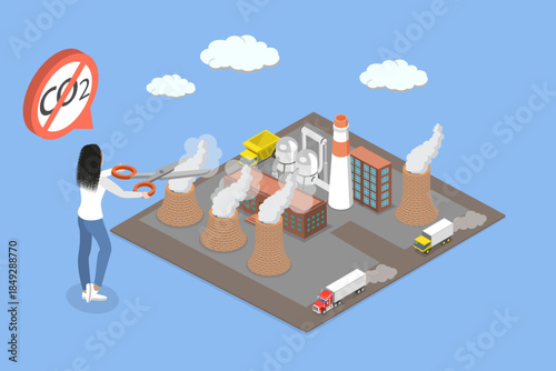 3D Isometric Flat Vector Illustration of CO2 Reduction, Businesswoman Reduces Air Pollution, And Ecological Issues With Scissors
