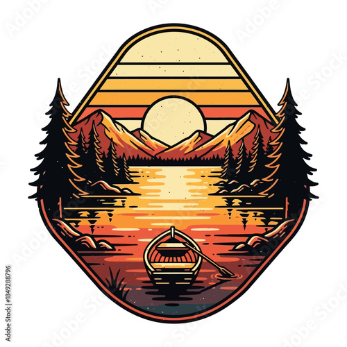 Vintage sunset over a serene lake with a rowboat and pine trees, evoking a sense of adventure and tranquility