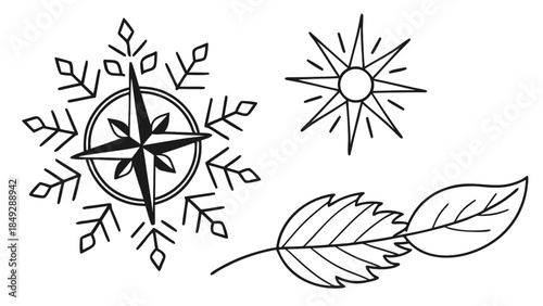 Minimalist Line Art Icons: Snowflake Compass, Starburst, and Leaves. Nature, Travel, and Winter Season Graphics