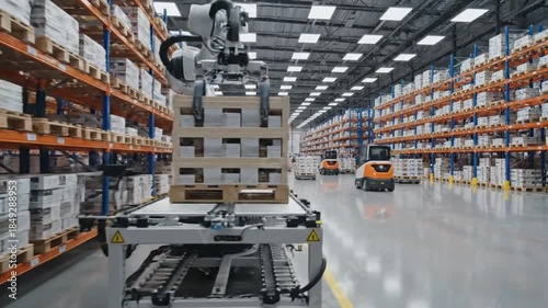 Automated warehouse with robotic arm and forklift transporting goods inside large industrial building