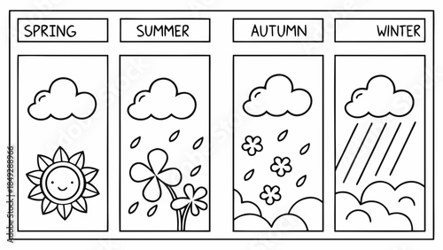 Black and White Four Seasons Line Art Illustration with Weather and Nature Symbols for Coloring Page