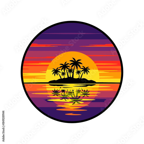 Vibrant tropical sunset over a remote island silhouette with palm trees reflecting on calm ocean water, framed within a colorful circular graphic design