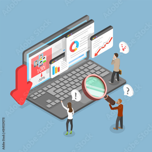 3D Isometric Flat Vector Illustration of Website Traffic Decline, Reflecting Poor Engagement And Web Performance