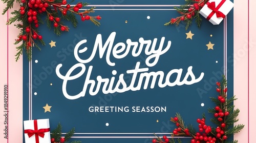 Merry Christmas Greeting Card With Festive Borders, Pine Branches, Gifts, And Blue Panel