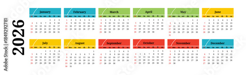 Calendar for 2026 isolated on a white background