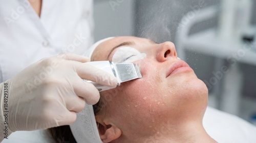 Woman receiving ultrasonic face cleaning by beautician using modern device. Skincare cosmetic procedure for rejuvenation and healthy skin concept.