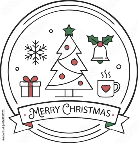 Minimalist Christmas line art emblem with tree, gift box, snowflake, jingle bell with holly and steaming mug with heart, white ribbon banner and “Merry Christmas” text, flat vector.