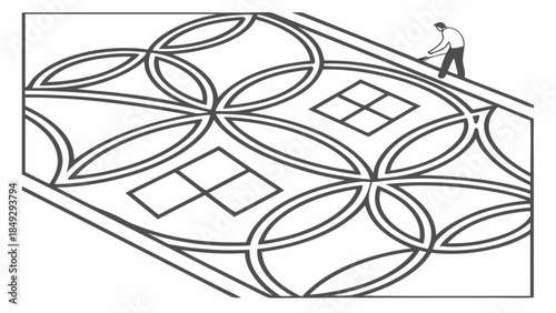 Craftsman laying intricate geometric floor pattern with interlocking circles and squares, line art illustration